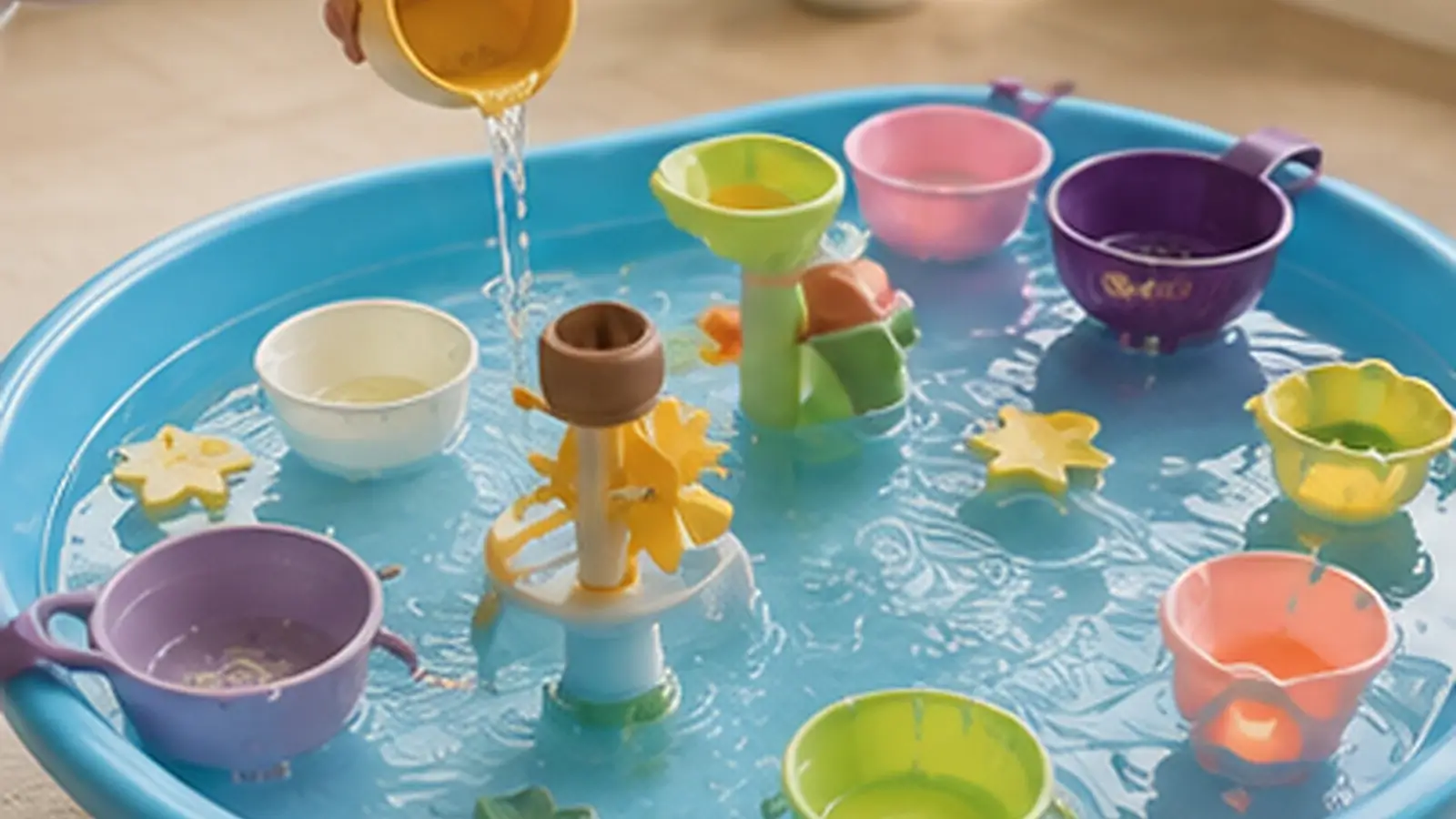 Realistic sensory water play kit hero image showing colorful cups, funnels, and water toys arranged in a bright activity table.