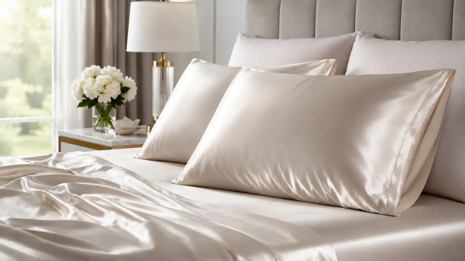 Hero image of mulberry silk pillowcases on a soft, elegant bed, highlighting a premium bedroom atmosphere and smooth fabric texture.
