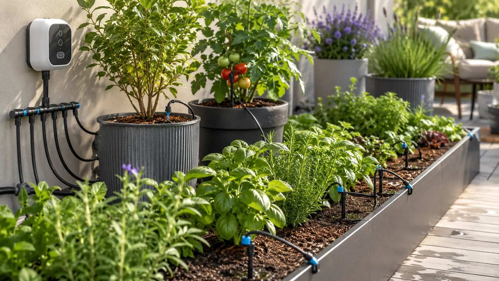 Hero image of smart drip irrigation kits in a sunny terrace garden, showing a realistic outdoor setup for efficient plant watering.