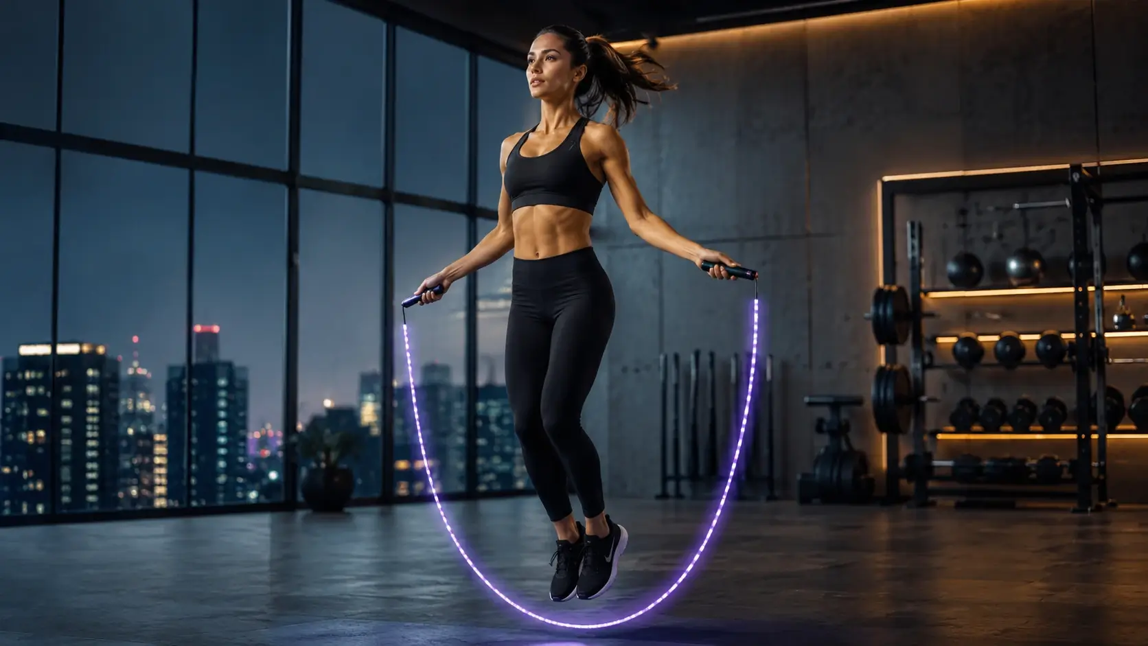 Dynamic fitness hero image showing a smart LED jump rope workout in a stylish urban gym.
