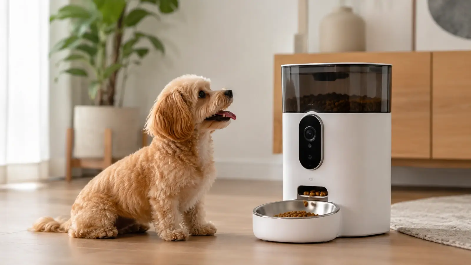 Smart pet feeder with integrated camera dispensing food while a small dog waits in a bright modern home interior.
