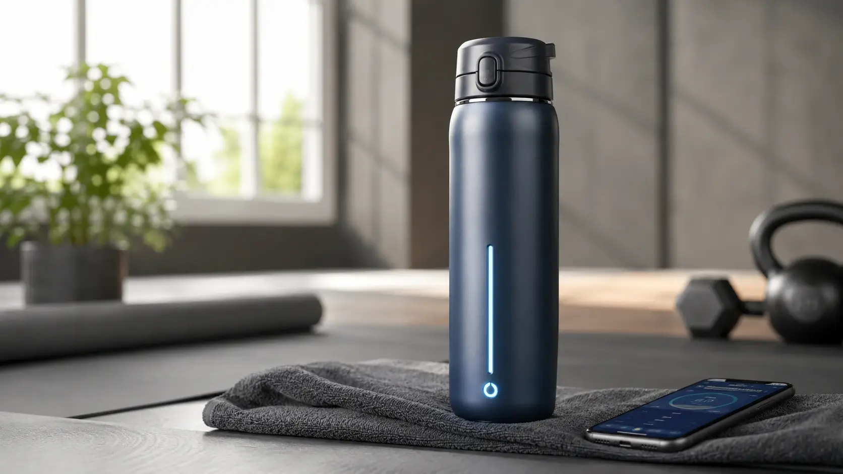 Modern fitness studio scene with a sleek smart hydration bottle and premium active lifestyle styling.