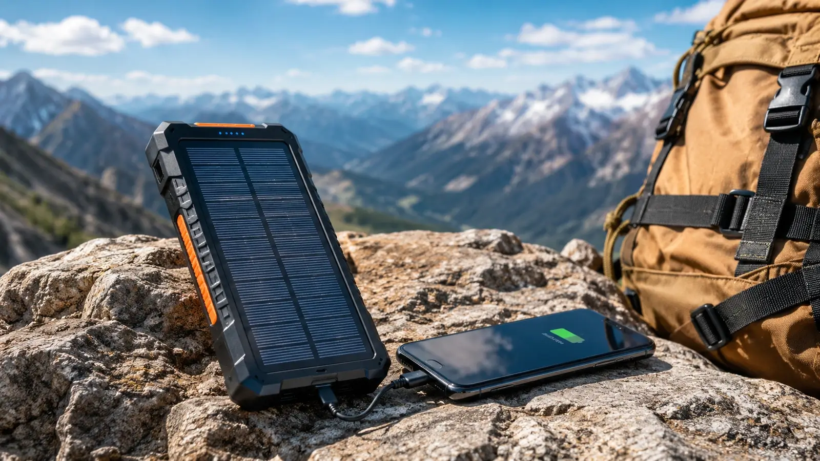 Rugged 20W solar power bank charging a smartphone outdoors on a mountain overlook beside a hiking backpack.