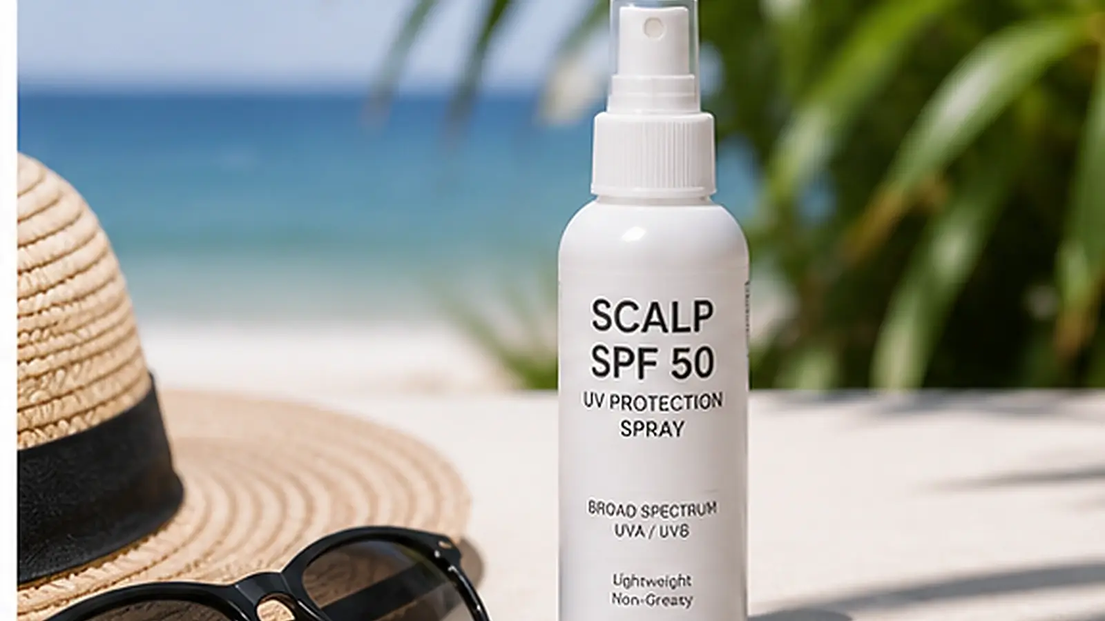 Realistic scalp SPF 50 spray hero image featuring a lightweight sun-protection bottle styled with sunglasses and a beach hat in a bright outdoor setting.