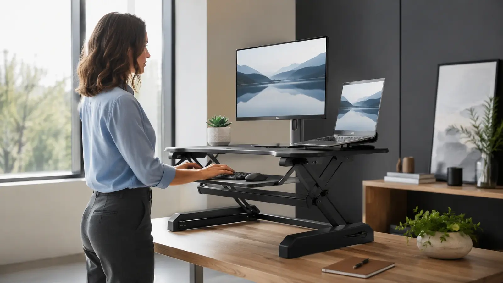 Standing desk converter with monitor and laptop in use by a professional in a clean modern office workspace.