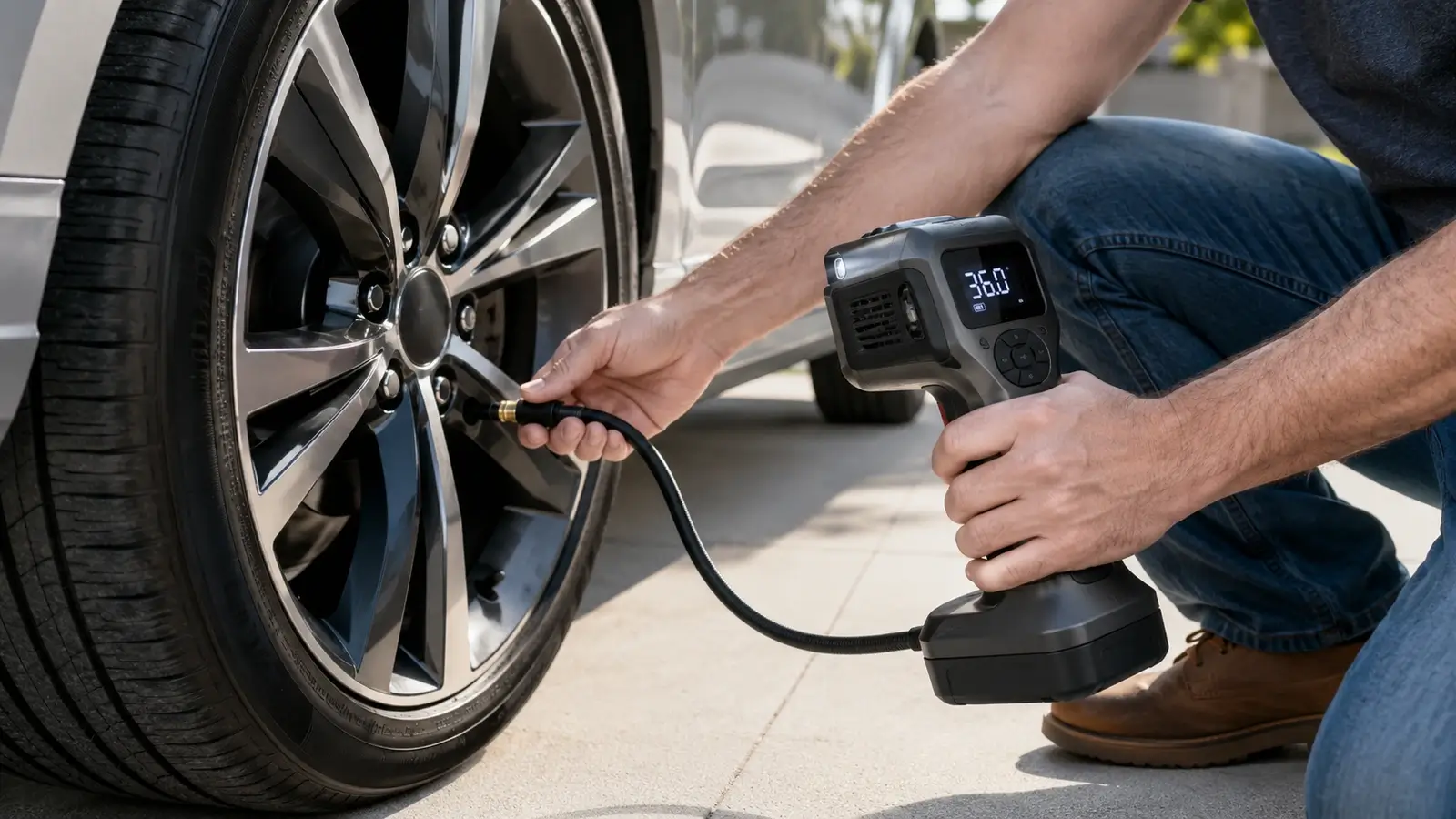 A portable cordless tire inflator in use on a vehicle tire, shown in a clear real-world hero scene.