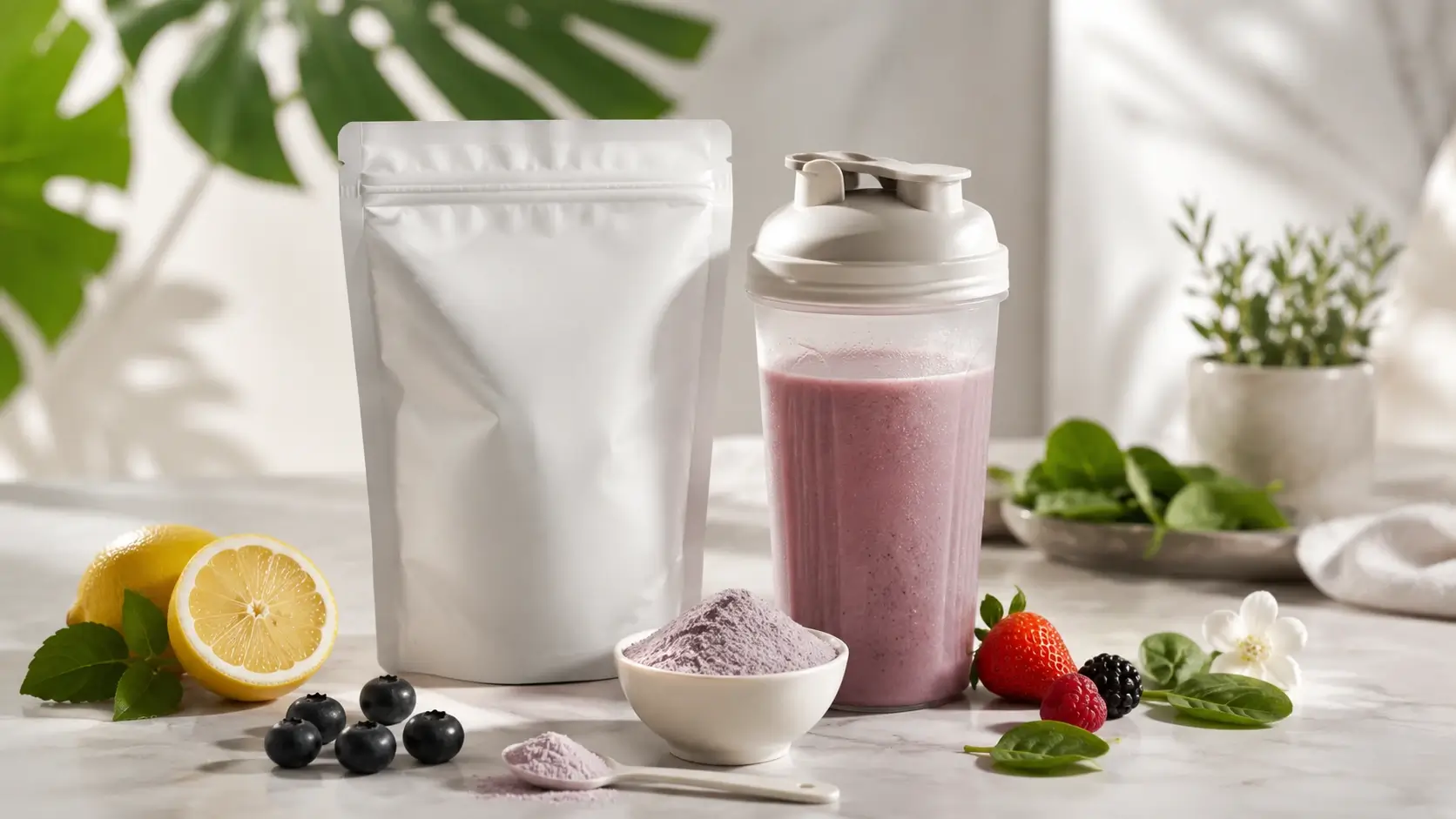 A fresh hero image showing a wellness smoothie and natural ingredients, visually representing vegan collagen support and healthy beauty nutrition.