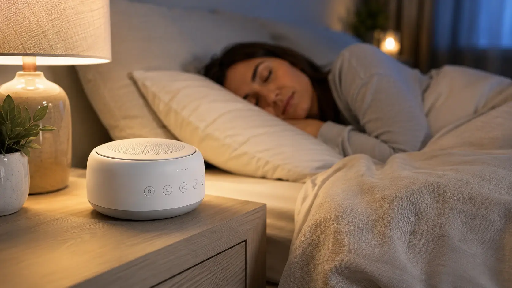 Peaceful nighttime bedroom hero image representing portable white noise machines for better sleep.