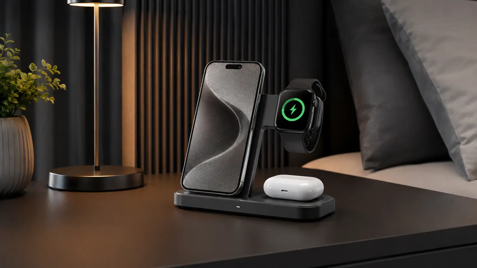 3-in-1 wireless charging station charging a smartphone, smartwatch, and earbuds on a stylish bedside table.