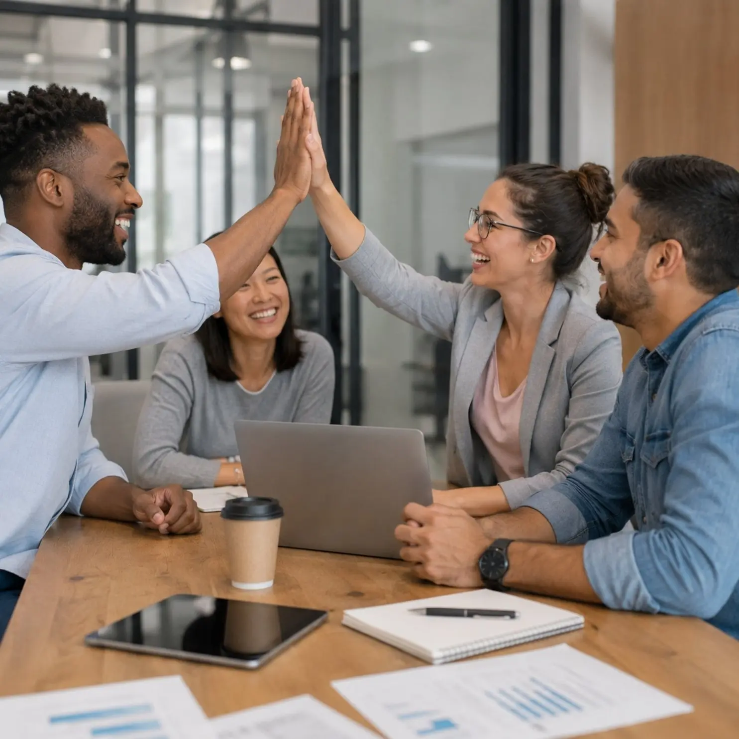 Diverse team of four entrepreneurs high-fiving and celebrating business growth after successful strategy meeting in modern office, collaborating around laptop with growth charts, coffee and business documents representing Groweik 45-working-day first sale guarantee